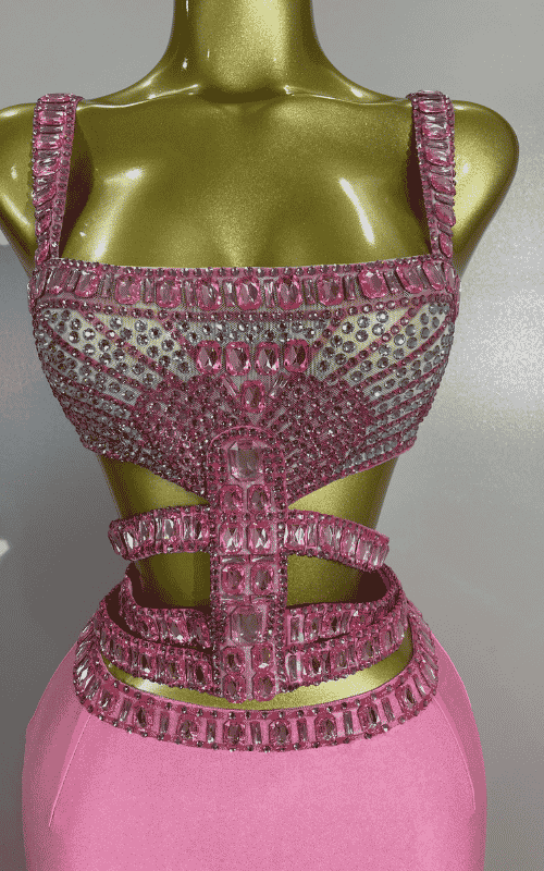 Sparkly pink rhinestone two-piece long dress set with sleeveless fitted design and glamorous shine