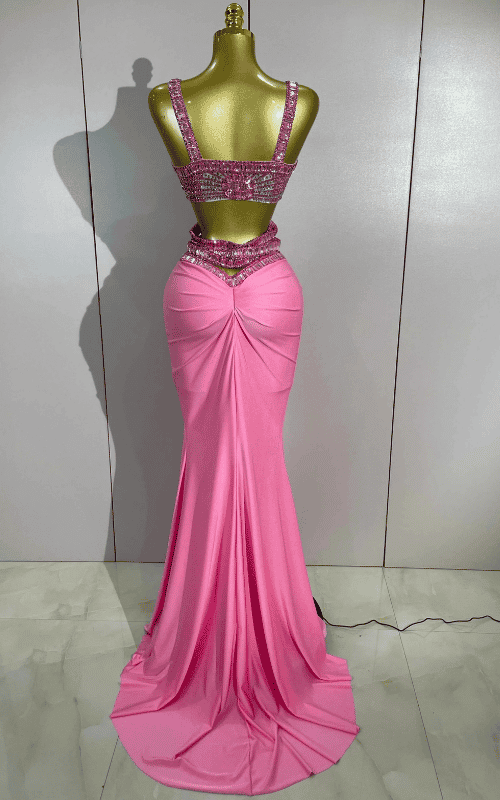 Sparkly pink rhinestone two-piece long dress set with sleeveless fitted design and glamorous shine