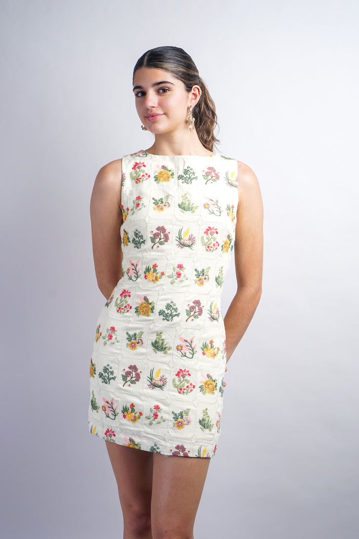 Cream Grid Embroidered Flower Sleeveless Mini Dress