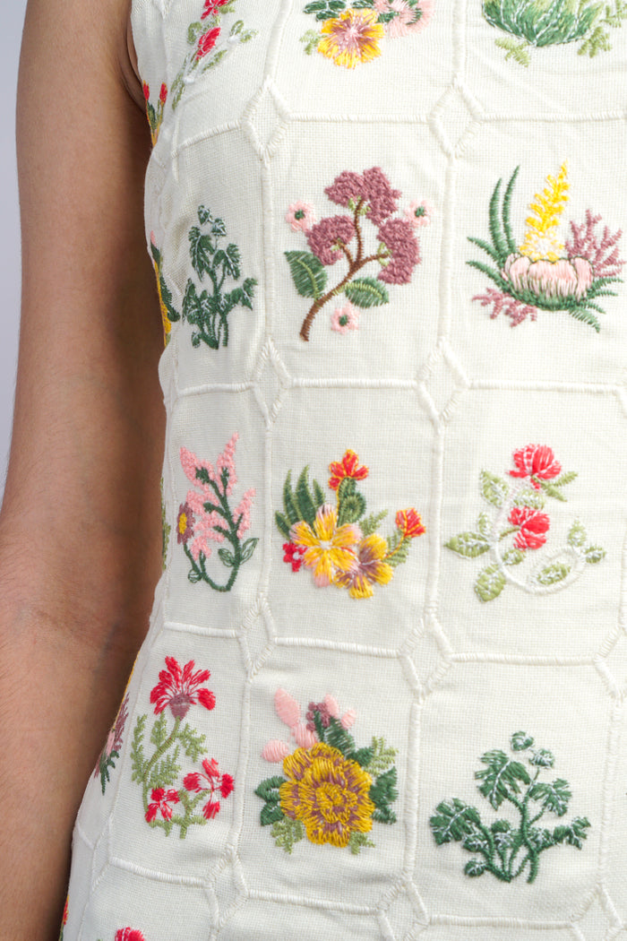 Cream Grid Embroidered Flower Sleeveless Mini Dress