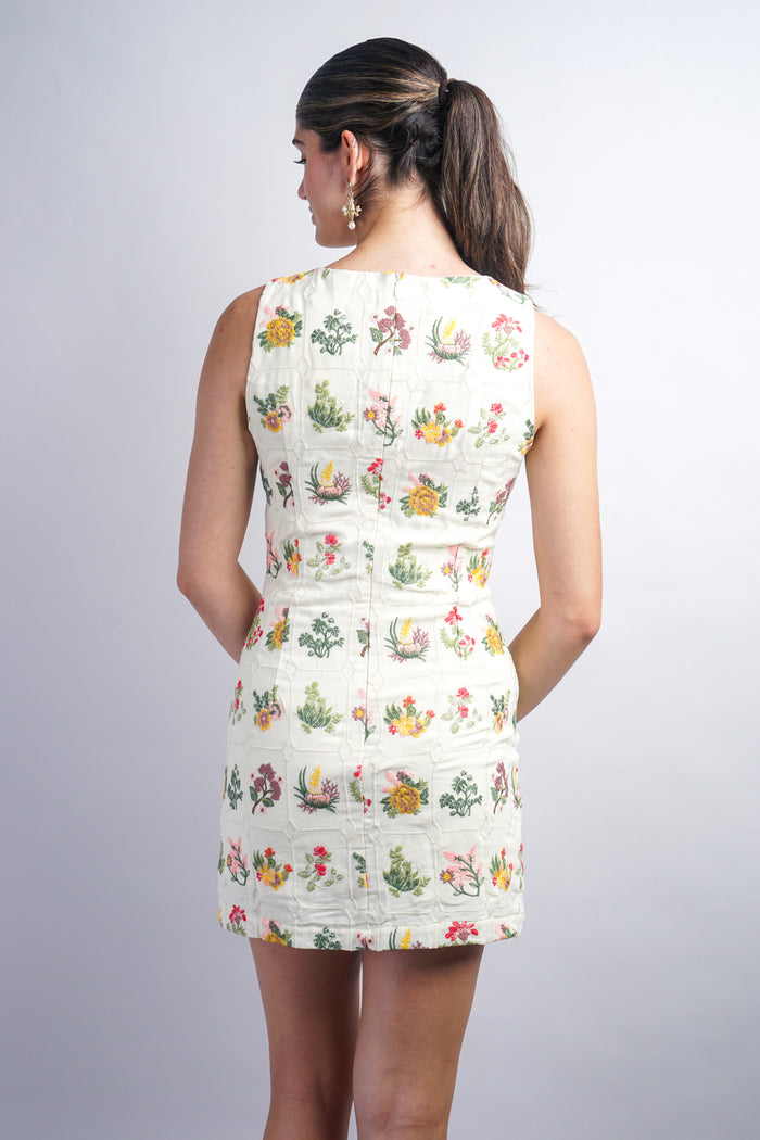 Cream Grid Embroidered Flower Sleeveless Mini Dress