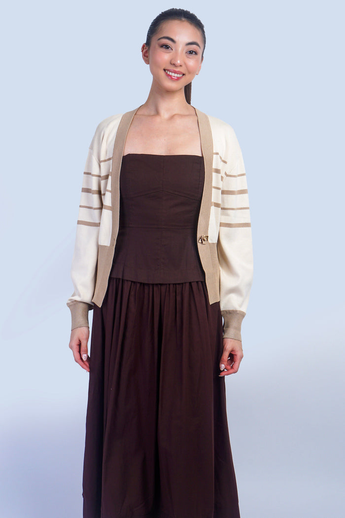 Private Label TOPS Cream & Tan Stripe Gold Button Cardigan