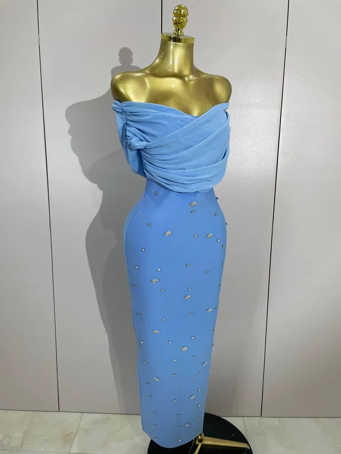 Crissy Crystal sexy off-the-shoulder bodycon bandage long dress with sparkling rhinestone details.