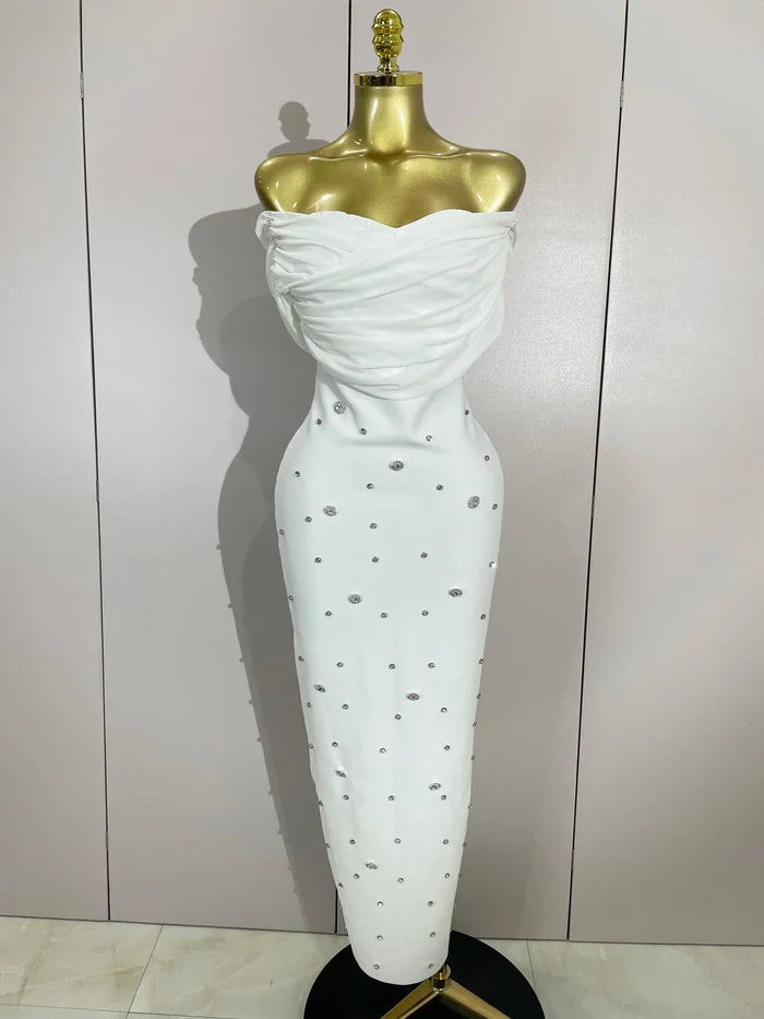 Crissy Crystal sexy off-the-shoulder bodycon bandage long dress with sparkling rhinestone details.