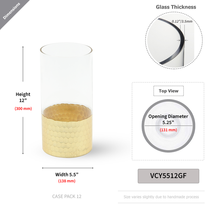 Cylinder Glass Vase With Gold Honeycomb Base- 12"H