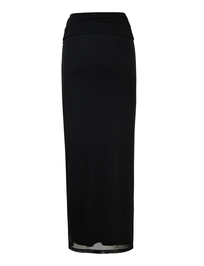 Introducing the CYNTHIA MAXI SKIRT - BLACK from TIGERMIST: a long, high-waisted skirt with a fitted silhouette and a smooth, seamless finish. This Tiger Mist classic extends to ankle-length and features a slightly ruched detail at the waist. The fabric appears soft and flexible, making it suitable for both casual and formal wear.