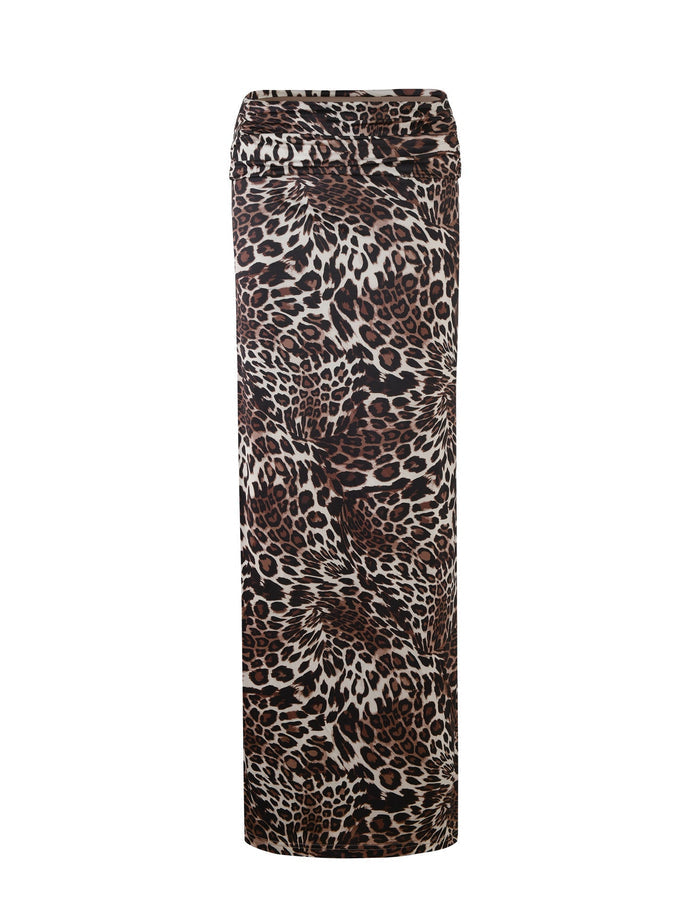 The Cynthia Maxi Skirt - Multi : Leopard from Tigermist is an ankle-length, high-waisted skirt featuring a black, brown, and beige leopard print pattern. It is designed to be fitted for a smooth, seamless finish, embodying the chic finesse of Tigermist.