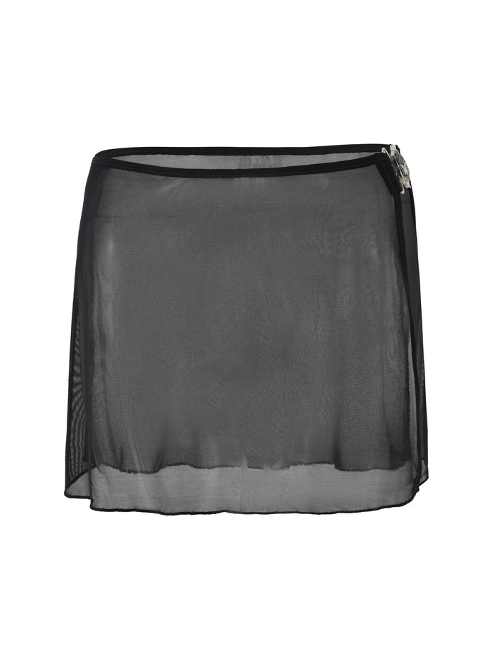 The CYNTHIA MINI MESH SKIRT - BLACK from TIGERMIST is a black sheer mesh mini skirt with a short hemline. It features a side zipper closure and a simple, unadorned design. The fabric is slightly translucent, giving it a lightweight and airy appearance.