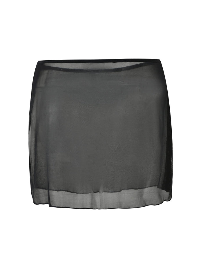 The TIGERMIST CYNTHIA MINI MESH SKIRT - BLACK is a sheer black mini skirt with a straight hemline, crafted from lightweight, semi-transparent fabric. It features an elastic waistband, offering a minimalist look with a slightly see-through appearance.