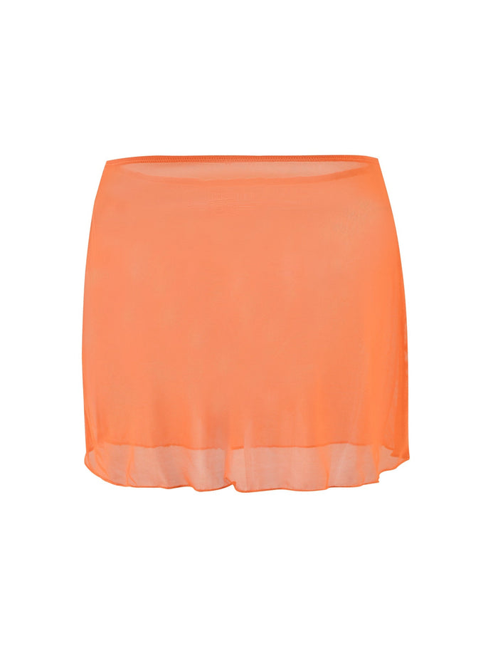 The CYNTHIA MINI MESH SKIRT - ORANGE : BURNT ORANGE from TIGERMIST is showcased against a white background. The skirt, crafted from semi-transparent fabric, features a straight hemline.