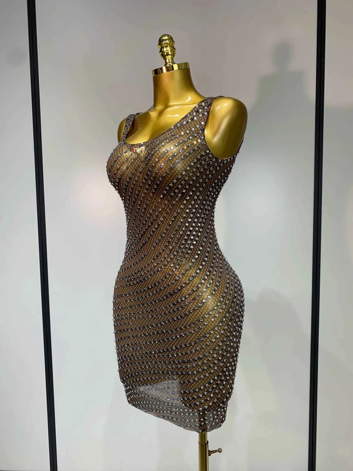Daisy Sparkly Rhinestone Sheer Bodycon Mini Dress for Women