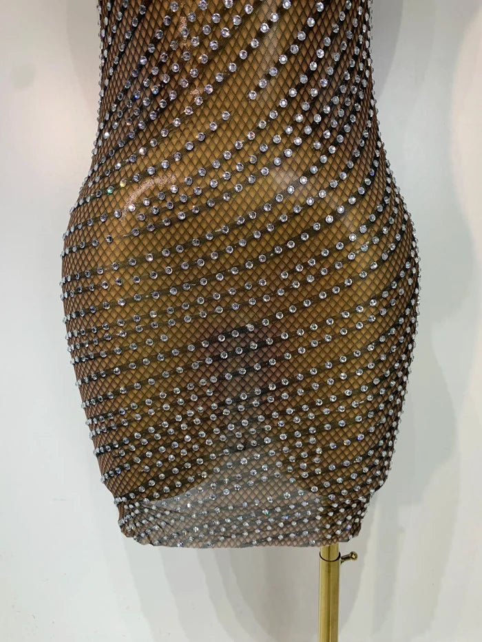 Shine in the Daisy sparkly rhinestone sheer bodycon mini dress. Luxury party dress for birthdays, cocktail parties, and special occasions.