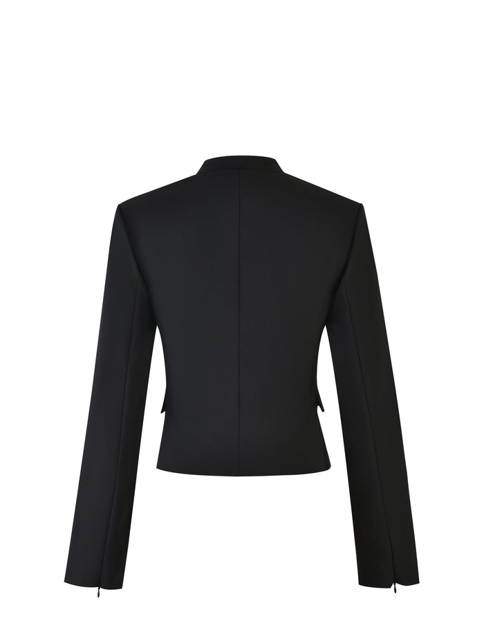 A back view of the DAMIRA JACKET - BLACK, a long-sleeve, tailored fit jacket from TIGERMIST. The jacket features a high collar and a clean, minimalist design with small slits on the sides near the hem. The fabric appears smooth and slightly structured.