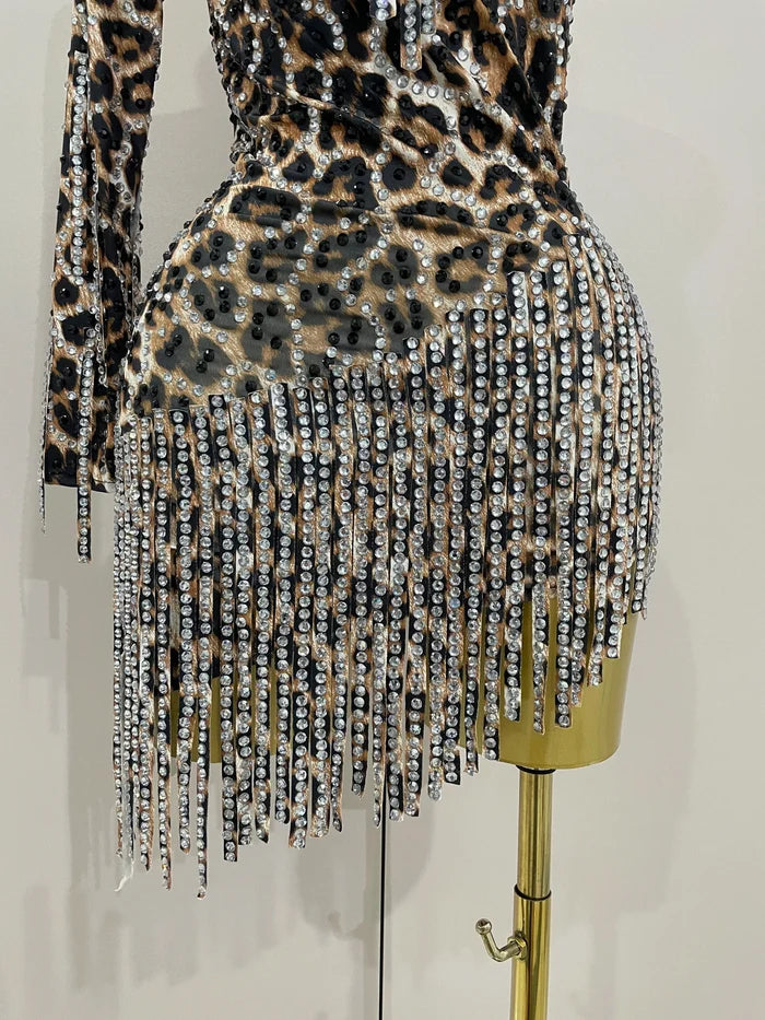 Turn heads in the Daniela leopard print rhinestone tassel mini dress. One-shoulder stretch party dress for birthdays, clubs, and special events.