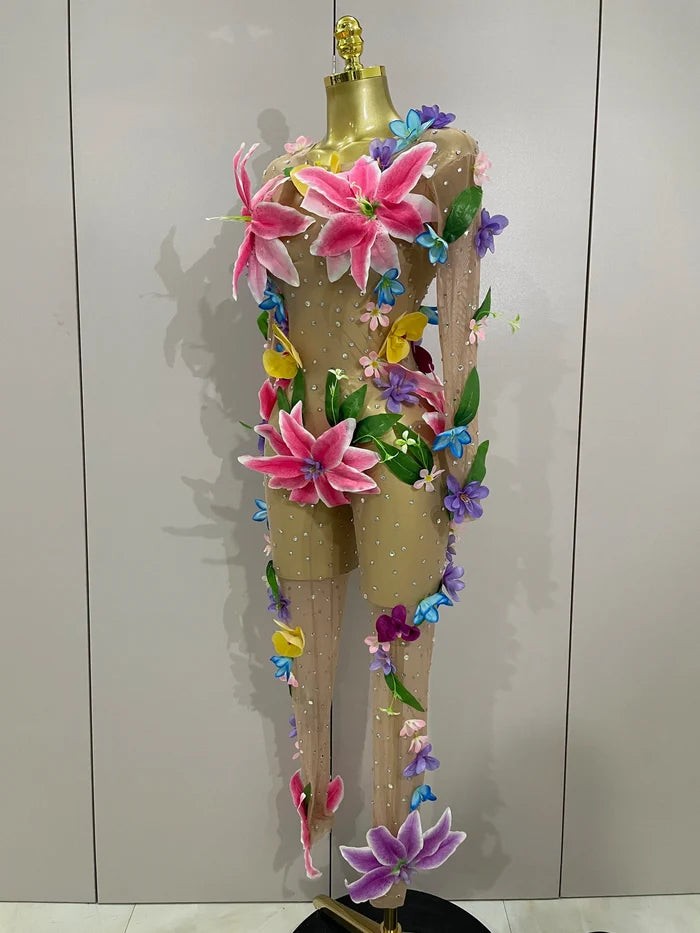 Women’s nude mesh rhinestone 3D flower jumpsuit for birthday parties, nightclubs, evening events, and stage performances