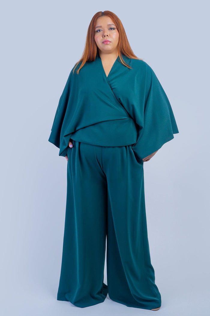Chloe Dao TOPS Dark Green Kimono Wrap Peplum Shirt