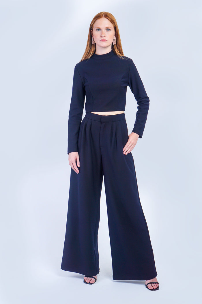 Dark Navy Crop Top and Pleated Trouser Set