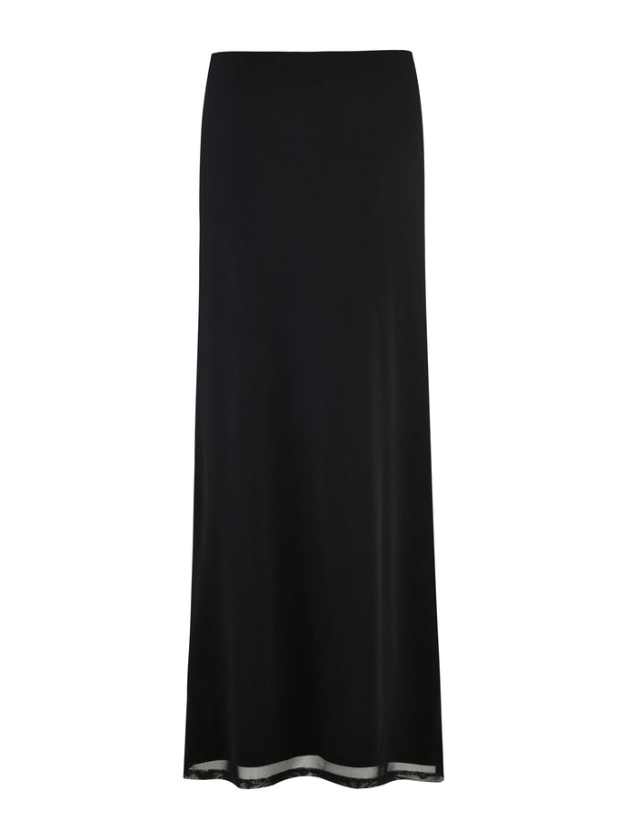 The DEANNA MAXI SKIRT - BLACK by TIGERMIST is a long, black, straight-cut skirt crafted from smooth fabric. It features a slightly flared hem that creates a subtle A-line silhouette. With TIGERMIST's signature simplicity and elegance, this unadorned skirt is perfect for both formal and casual occasions.