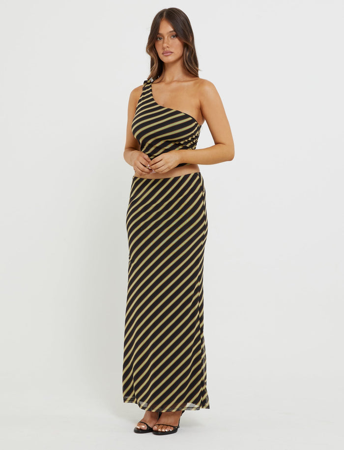 A person with long brown hair is wearing the Deanna Maxi Skirt in Brown Stripe from TIGERMIST. They are standing against a plain white background with their hands clasped below their chest, and are adorned in black open-toed heels.