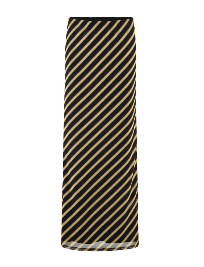 The DEANNA MAXI SKIRT - MULTI : STRIPE : BROWN STRIPE by TIGERMIST features a long, straight design with an evenly spaced black and tan diagonal stripe pattern, creating a clean, modern look. This waist-high skirt has a simple design without any visible embellishments.