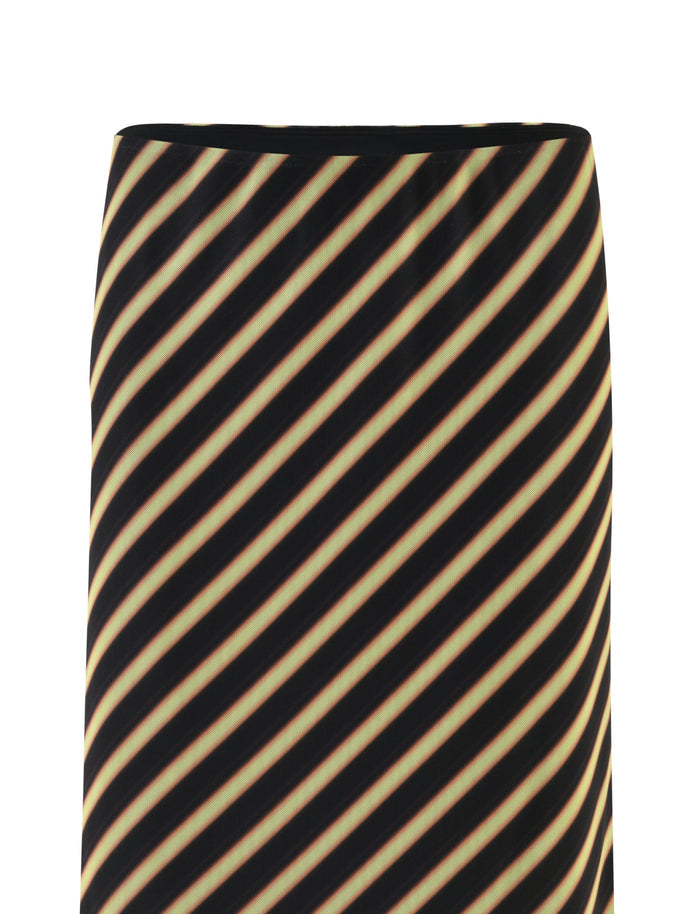 A close-up image of the TIGERMIST DEANNA MAXI SKIRT - MULTI : STRIPE : BROWN STRIPE, showcasing its bold, evenly spaced diagonal black and yellow stripes against a white background to highlight the striking fabric design.
