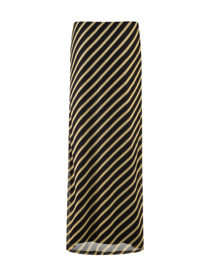 A black maxi skirt with diagonal beige stripes running from the top left to the bottom right, reminiscent of TIGERMIST's distinctive style. The DEANNA MAXI SKIRT - MULTI : STRIPE : BROWN STRIPE has a straight silhouette and appears to be made of a soft, flowy fabric.