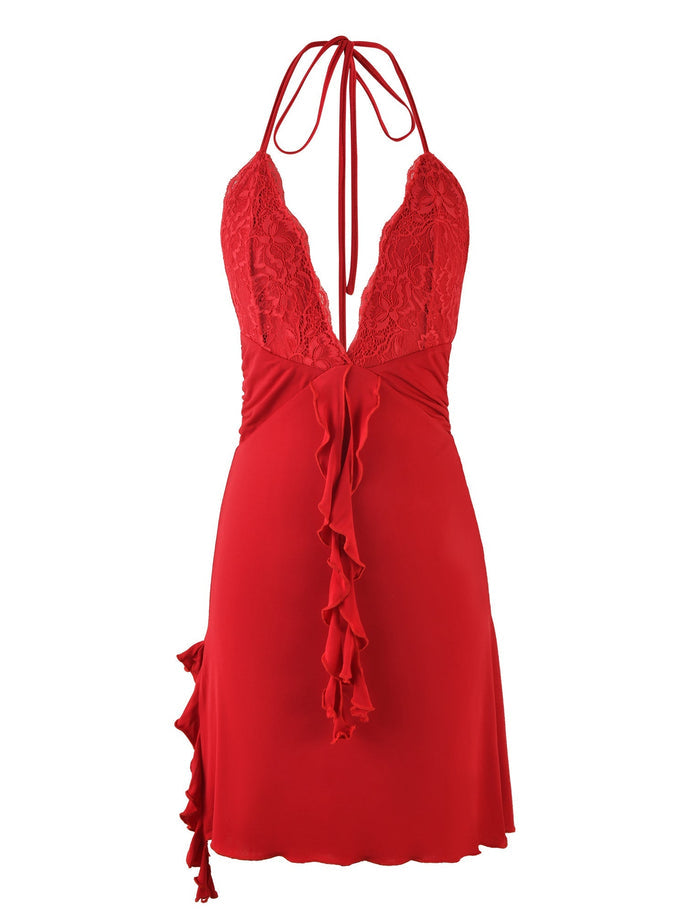 Introducing the DEENA DRESS - RED by TIGERMIST: This sleeveless, backless red dress features a deep V-neckline with intricate lace detailing, an adjustable halter neck tie, and elegant ruffled accents that run down the front and along the hemline. Crafted from lightweight, flowy fabric for ultimate comfort and style.
