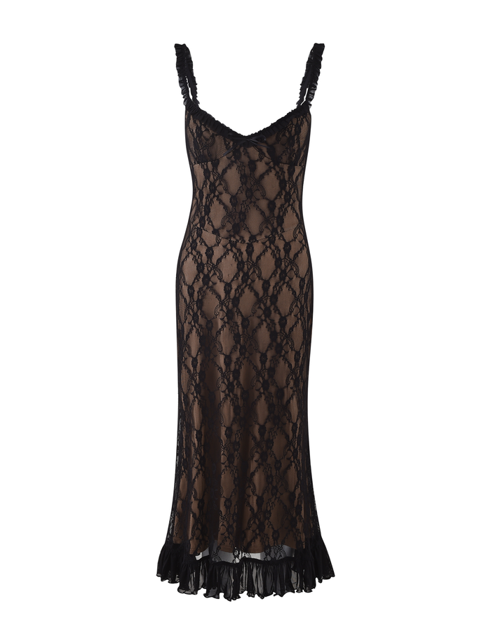 The DEJA DRESS - BLACK : LACE by TIGERMIST is a sleeveless midi dress with a sweetheart neckline, sheer floral lace, fitted silhouette, ruffled shoulder straps, and a ruffled hem, shown on a plain white background.