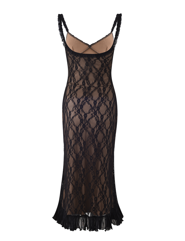 The DEJA DRESS - BLACK : LACE by TIGERMIST is a sleeveless, form-fitting black lace midi dress with a sweetheart neckline, sheer overlay, thin straps, ruffled hem, nude lining, and crisscross detail at the upper back.