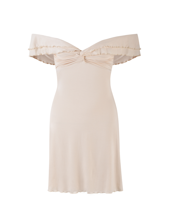 The TIGERMIST DENALI MINI DRESS in White: Bone features an off-the-shoulder, cream hue in buttery jersey, with a fitted silhouette, ruched bust detail, and ruffled neckline trim, shown against a white background.