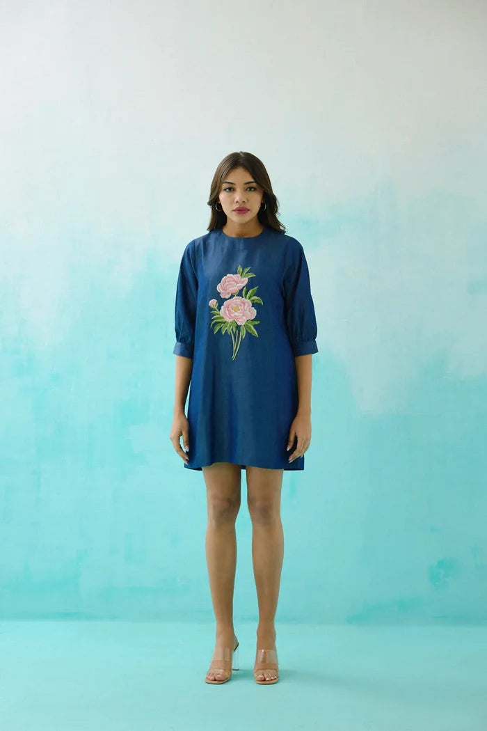 Denim Peony Embroidered Shift Dress