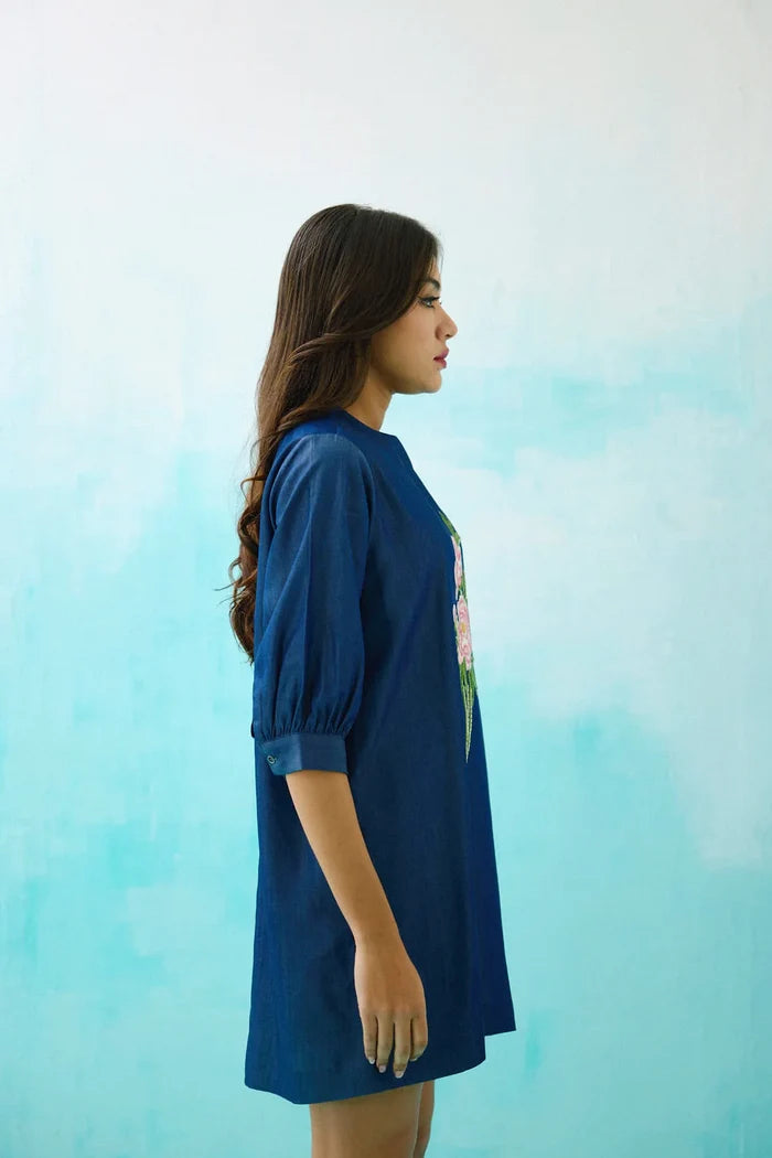 Denim Peony Embroidered Shift Dress
