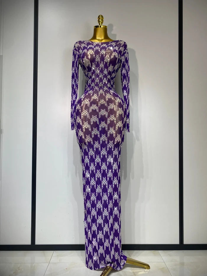 Denise sparkly rhinestone mesh see-through dress, stretchy women’s party and nightclub outfit.