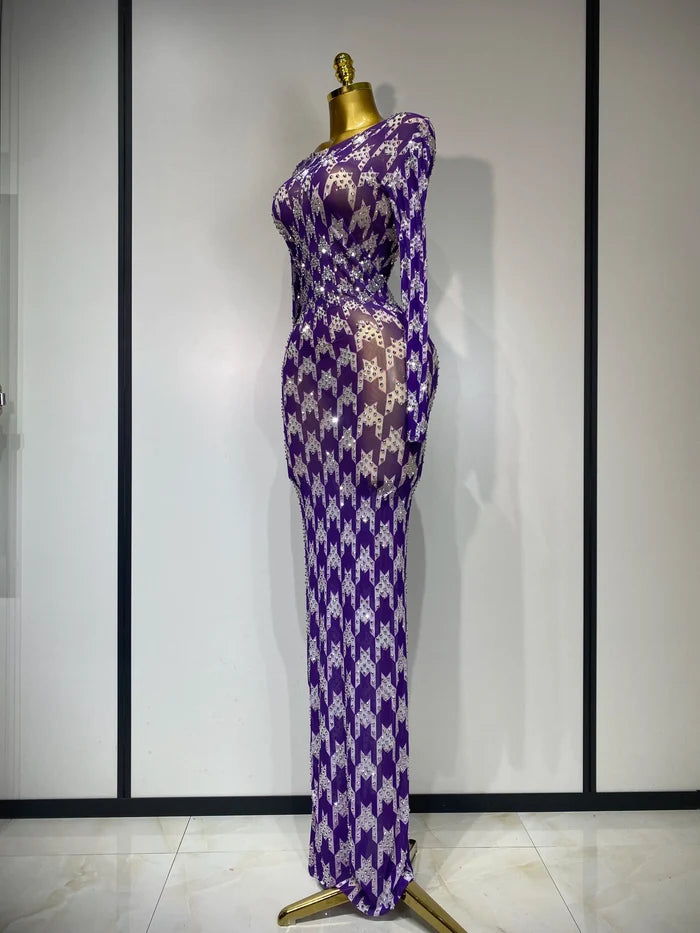 Denise sparkly rhinestone mesh see-through dress, stretchy women’s party and nightclub outfit.