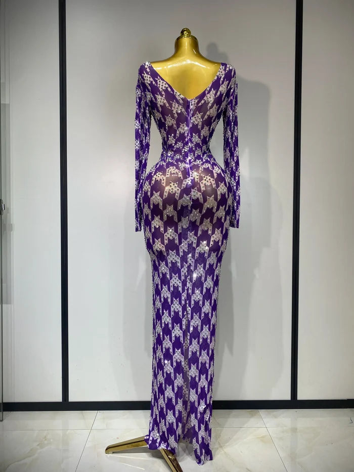Denise sparkly rhinestone mesh see-through dress, stretchy women’s party and nightclub outfit.