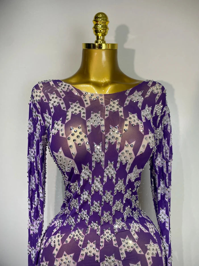 Denise sparkly rhinestone mesh see-through dress, stretchy women’s party and nightclub outfit.