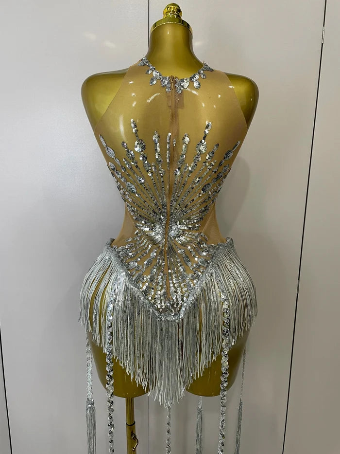 Desiree silver sequin diamond mesh tassel bodysuit sheer sexy outfit for stage performance and birthday party wear