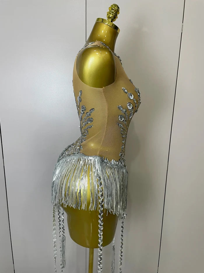Desiree silver sequin diamond mesh tassel bodysuit sheer sexy outfit for stage performance and birthday party wear
