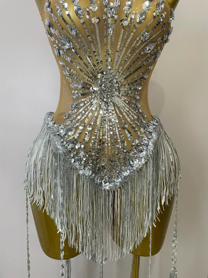 Desiree silver sequin diamond mesh tassel bodysuit sheer sexy outfit for stage performance and birthday party wear