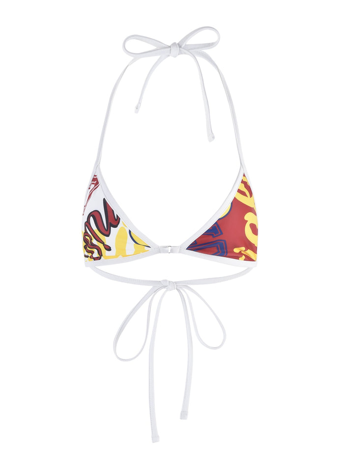 The DIANA BIKINI TOP - MULTI : COLLAGE : GRAPHIC PRINT by TIGERMIST showcases abstract, colorful patterns in red, yellow, and blue on the triangular cups. This white string bikini top includes adjustable neck and back ties for a perfect fit.