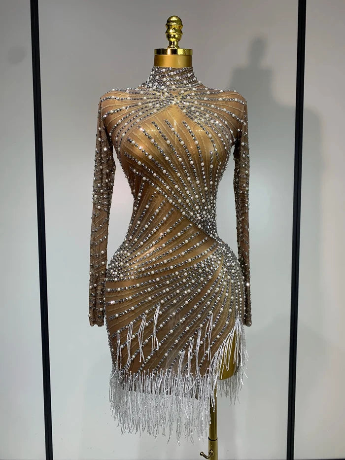 Diana luxury rhinestone tight long sleeve evening short dress