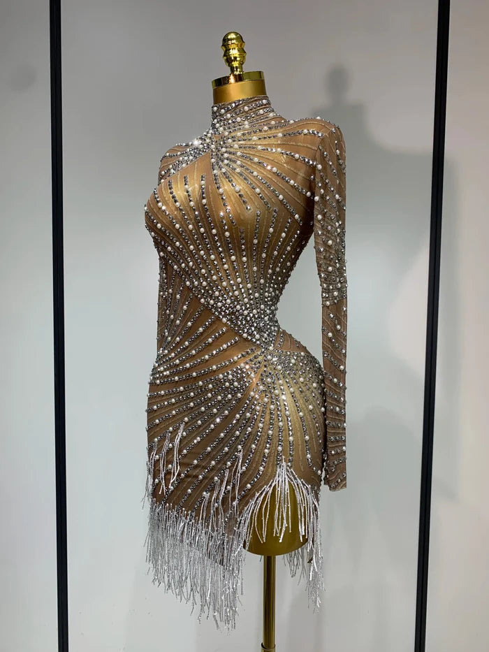Diana luxury rhinestone tight long sleeve evening short dress