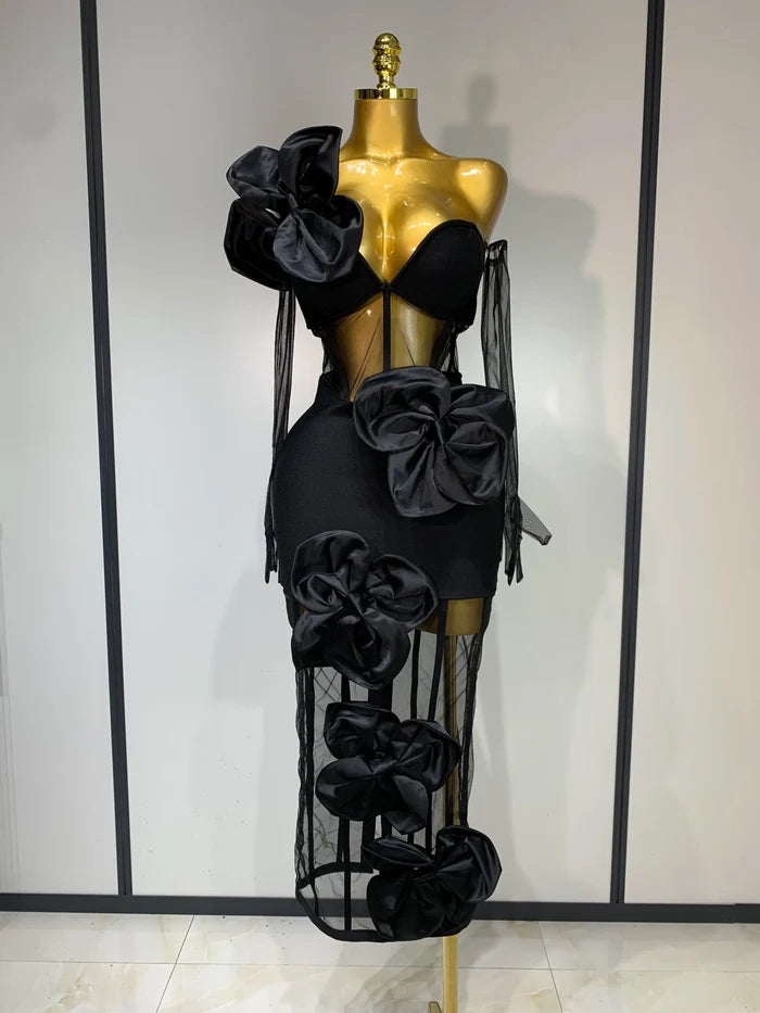 Diana black one-shoulder bow mesh bodycon dress with gloves, elegant women’s birthday and party outfit