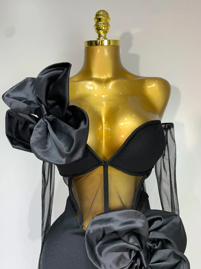 Diana black one-shoulder bow mesh bodycon dress with gloves, elegant women’s birthday and party outfit