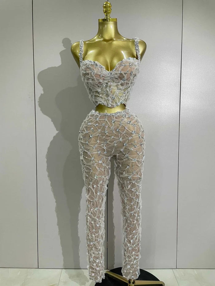 Diane Sparkly Rhinestone Lace Halter Top & Wide-Leg Pants Two-Piece Set