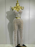 Diane Sparkly Rhinestone Lace Halter Top & Wide-Leg Pants Two-Piece Set