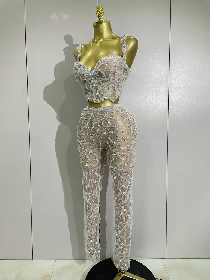 Diane Sparkly Rhinestone Lace Halter Top & Wide-Leg Pants Two-Piece Set
