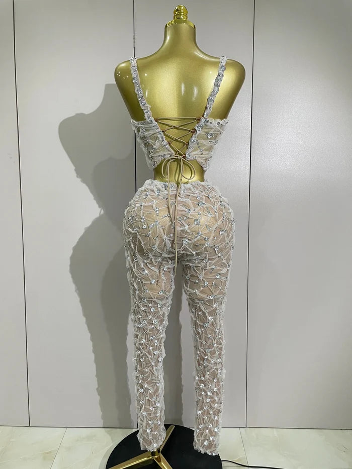 Shine in the Diane rhinestone lace halter top and wide-leg pants set. Elegant two-piece outfit for parties, birthdays, and special occasions.