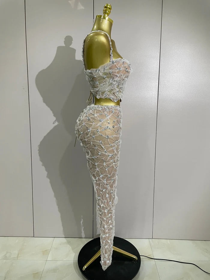 Shine in the Diane rhinestone lace halter top and wide-leg pants set. Elegant two-piece outfit for parties, birthdays, and special occasions.