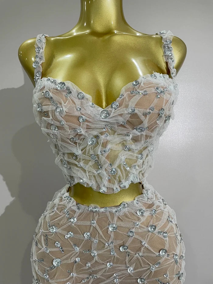 Shine in the Diane rhinestone lace halter top and wide-leg pants set. Elegant two-piece outfit for parties, birthdays, and special occasions.